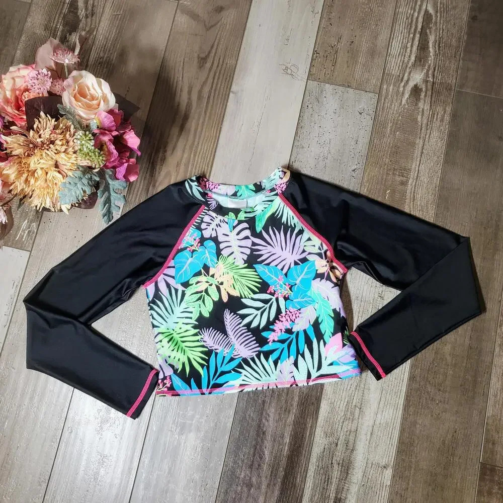 Art Class Girls Size L 10/12 Long-Sleeve Rash Guard Swim Shirt Tropical Print